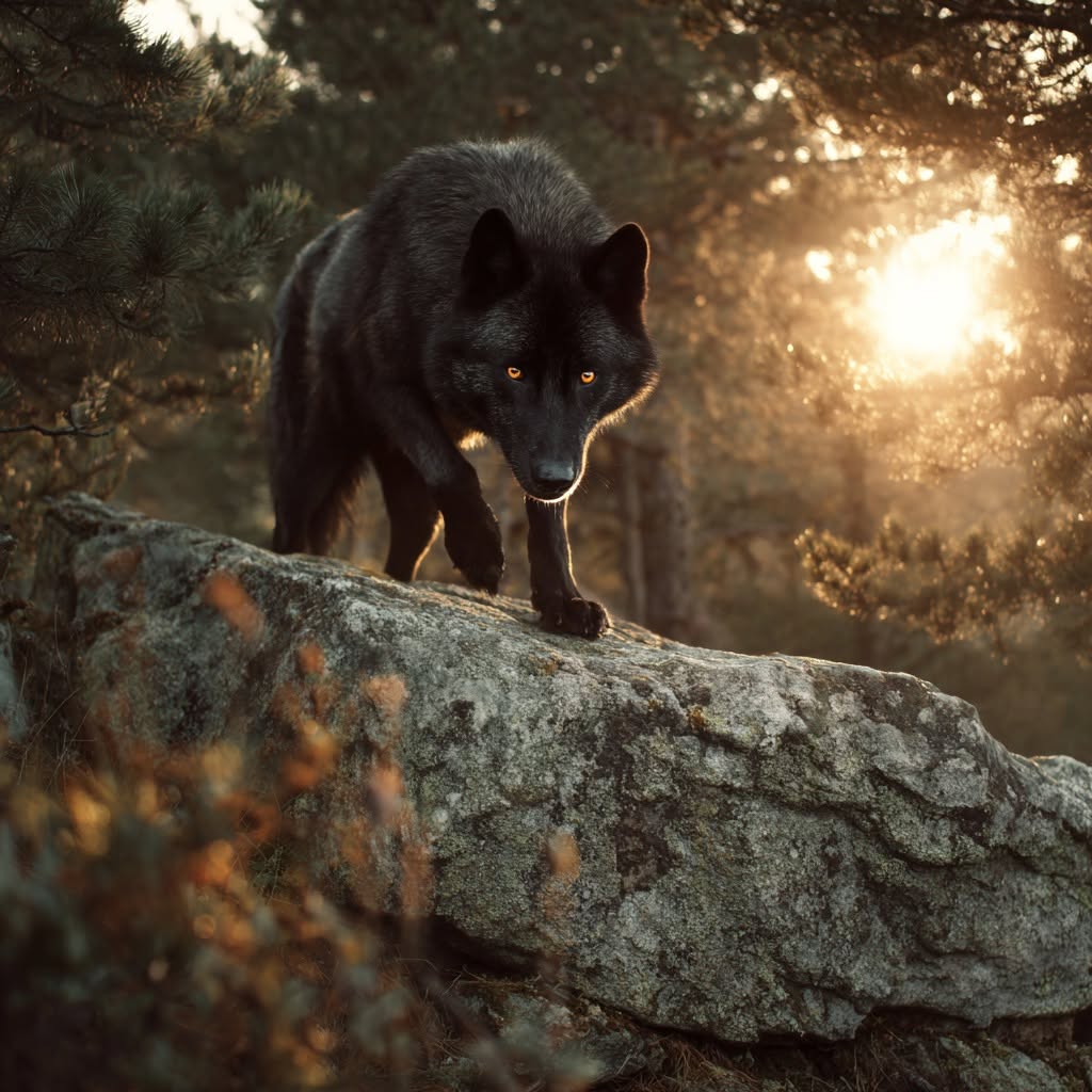 Cœur de loup, au sommet d'un rocher et regardant vers le bas, quelques secondes avant que le sol ne se dérobe sous ses pas.
